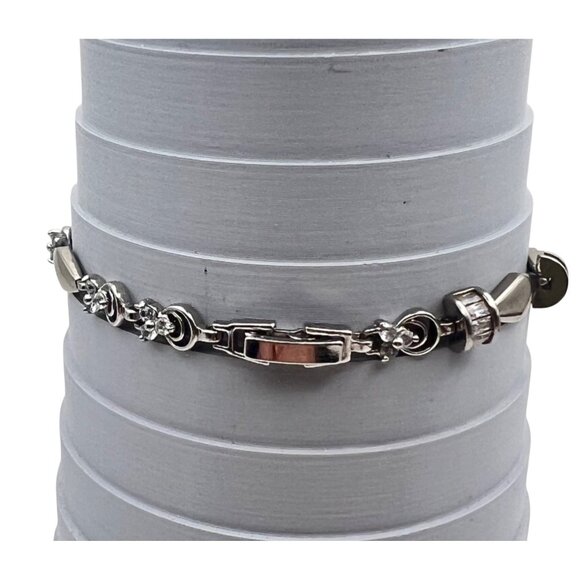 Silver Tone Bracelet Geometric  Floral Links Size 7.25" Fold-Over Clasp Vintage - Picture 9 of 10